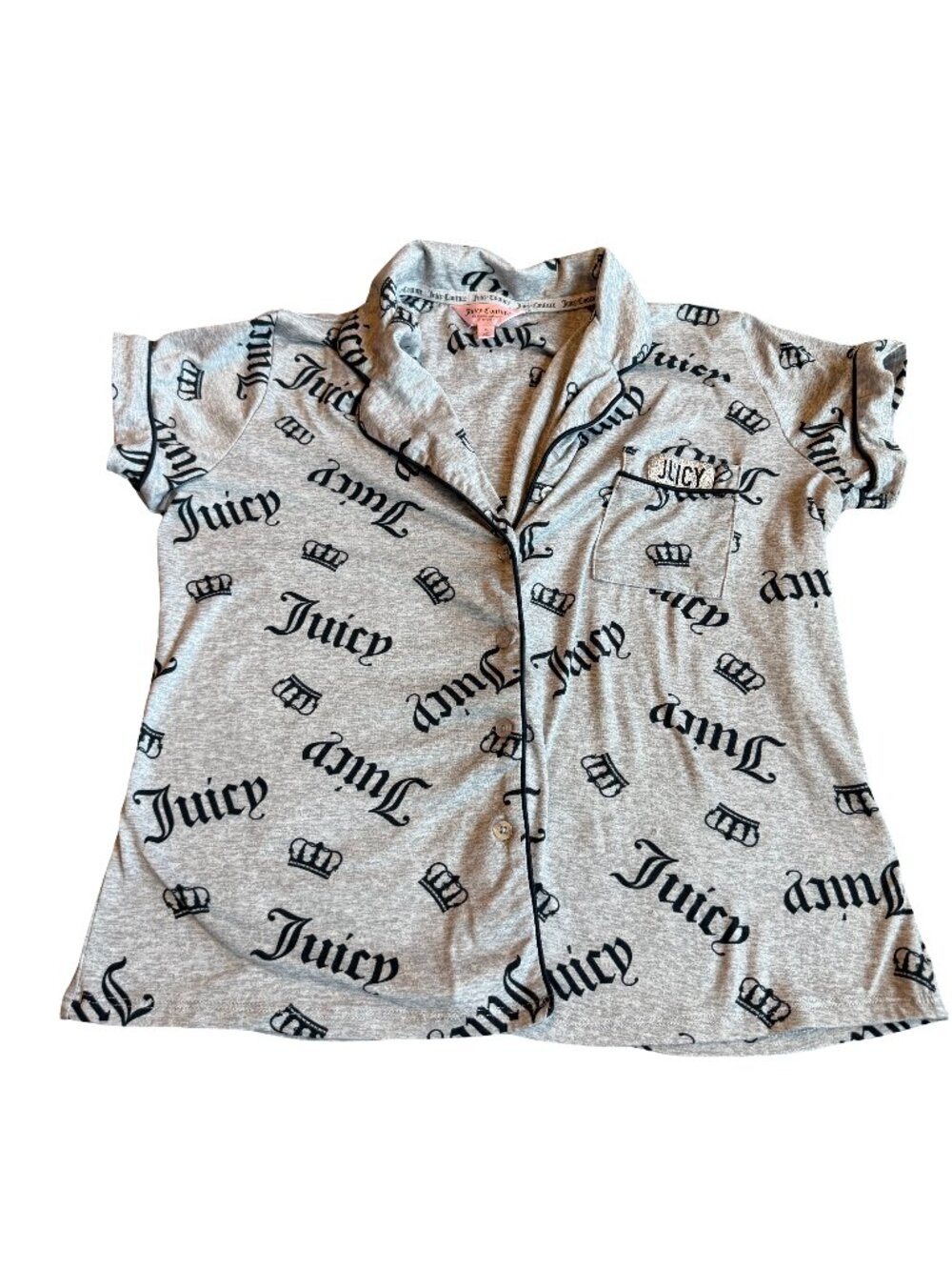 Juicy Couture Grey Allover Logo Print Button Front Pajama Sleep Small Women's